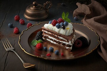 chocolate dessert napoleon cake with cream and berries on plate, created with generative ai - obrazy, fototapety, plakaty