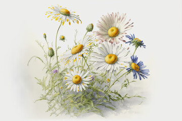 daisy vector illustration hand drawn, Set of watercolor illustrations of daisy flowers. meadow flowers, Generative Ai