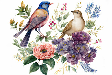 Watercolor painting of Colibri birds, pink flowers, and leaves on white background. Digital printable artwork. Generative ai.