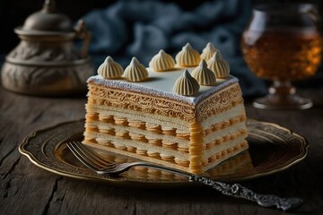 appetizer for celebration in form of sweet cream napoleon cake, created with generative ai - obrazy, fototapety, plakaty