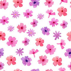 Floral watercolor seamless pattern. On a white background. Pink, red, purple flowers.