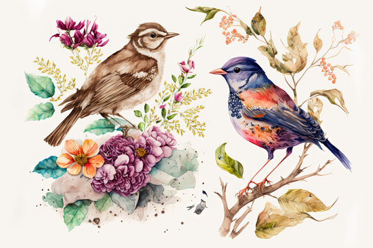 Watercolor painting of Colibri birds, pink flowers, and leaves on white background. Digital printable artwork. Generative ai.