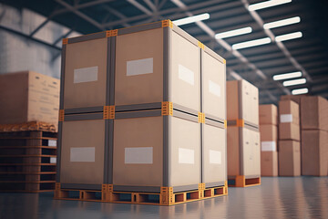 Logistics and distribution facility for further product delivery. Warehouse storage retail shop full of big carton boxes on pallets prepared and sorted for further delivery. Generative AI