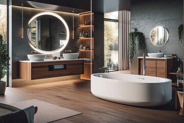 luxurious bathroom with a spacious tub and a circular mirror. Generative AI
