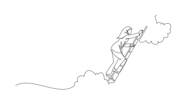 Animated self drawing of continuous one line draw Arab businesswoman climbing ladder to reach stars. Businesswoman climbing to goal. Motivation to be success, finish. Full length single line animation