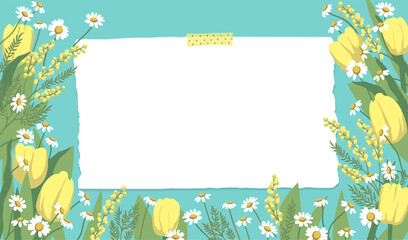 Spring background with yellow tulips and daisies. Flowers background for design.