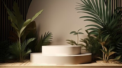 Organic podium for cosmetics product presentation in natural plants environment. ai generative.