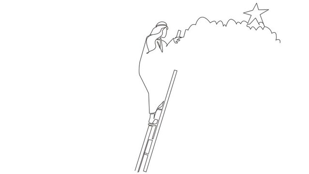 Animated self drawing of continuous line draw Arab businessman climbing ladder to reach stars. Businessman climbing to goal. Motivation to be success, winner, win. Full length single line animation