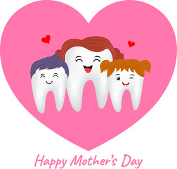 Mom and kids tooth character. Happy mother's day. Dental care concept. Illustration.