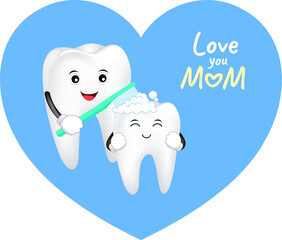 Mom and kid tooth character. Happy mother's day. Dental care concept. Illustration.