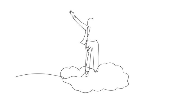 Animated self drawing of continuous line draw businesswoman on top of cloud with raised hands. Successful business concept. Financial freedom, happiness, peaceful. Full length single line animation