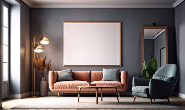 Mockup poster frame in modern interior background with sofa، armchair, floor lamp, coffee table and plant, living room, luxury home interior, 3D render, 3D illustration, generative ai