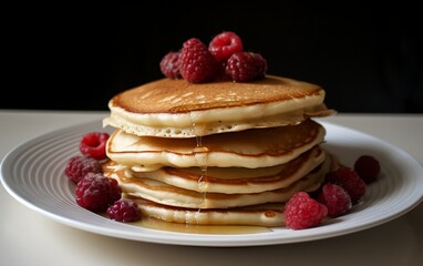 Stack of pancakes with syrup and raspberries. Generative AI technology.