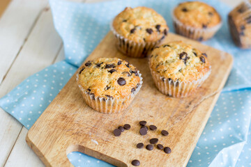 Classic muffins with chocolate chips for breakfast on blue and white background close up selective...