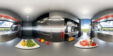 Photo of a modern kitchen with stainless steel appliances captured in a unique fisheye perspective