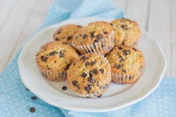 Classic muffins with chocolate chips for breakfast on blue and white background close up selective focus