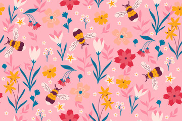 Seamless pattern with bumblebees and meadow spring flowers on a pink background. Vector graphics.