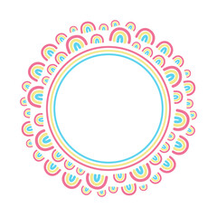 Round border frame garland with colorful rainbows and circles. Can be used for cards, invitations. Isolated vector and PNG illustration on transparent background.