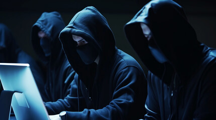 Generative AI illustration of a group of anonymous hackers or stalkers wearing a black hood and clothes on a dark background.