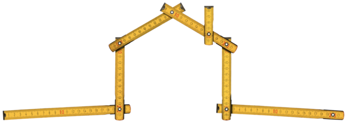 Yellow and orange folding ruler in the shape of house, isolated on white or transparent background, photography, png.