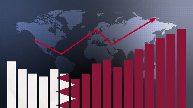 Qatar bar chart graph with ups and downs, increasing values, concept of economic recovery and business improving, businesses reopen, politics conflicts, war concept with flag - Powered by Adobe
