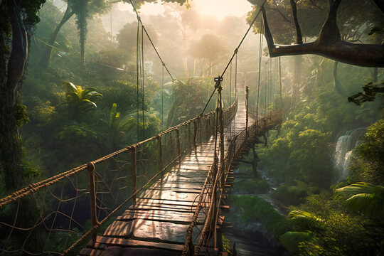 A tropical rainforest canopy walk, with lush green foliage, exotic birds, and the distant sound of a waterfall