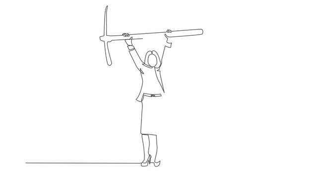 Animated self drawing of continuous line draw businesswoman standing and lifting big pickaxe. Business concept. Depicts hard work, success, achievement, discovery. Full length single line animation
