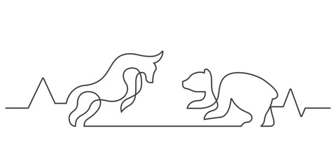 stock market exchange bull and bear concept continuous line drawing
