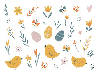 Easter spring set with cute eggs, chicks, flowers, butterflies. Hand drawn flat elements. Perfect for poster, card, scrapbooking , tag, invitation, sticker kit. Vector illustration