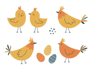 Easter spring set with cute eggs, chicks and hens, chicken. Hand drawn flat elements. Perfect for poster, card, scrapbooking, tag, invitation, sticker kit. Vector illustration