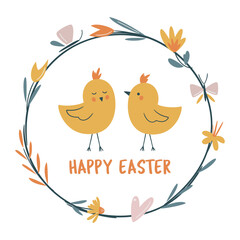 Happy Easter vector card. Hand-drawn design of Spring greeting card. Square card with chicks and floral wreath with flowers and butterfly