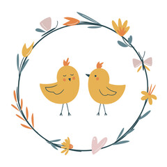 Happy Easter vector card. Hand-drawn design of Spring greeting card. Couple in love. Square card with chicks and floral wreath with flowers and butterfly