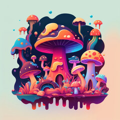 Colorful psychedelic mushroom art background. Generative AI