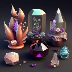 A collection of spiritual crystals collection on a dark background. Generative AI