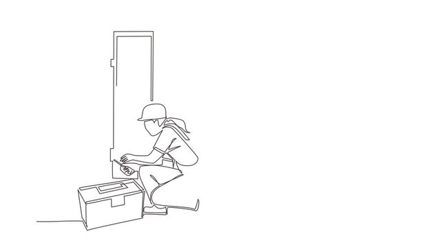 Self drawing animation of single line draw repair, maker or constructions of wood home furniture. Carpenter assembling of wardrobe or cabinet with shelves. Continuous line draw. Full length animated