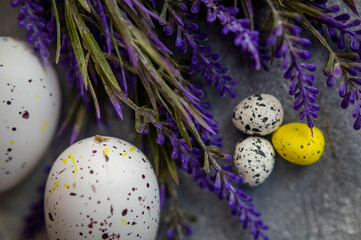 Easter eggs in a basket with lavender