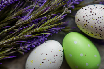Easter decoration with eggs and lavender .