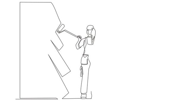 Animated self drawing of continuous line draw painter decorator people at work. Repair worker holding paintbrush roller, painting house apartment wall, home renovation. Full length one line animation