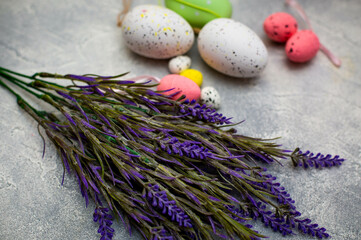 Easter decoration with eggs and lavender .