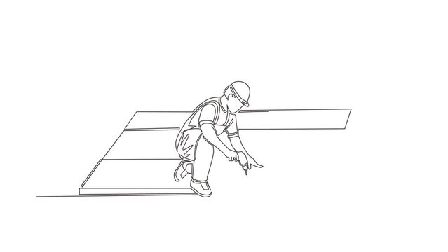 Animated self drawing of continuous line draw roofer installing wooden or bitumen shingle. Roofer man fixing house roof with electric screwdriver. Repairman repair. Full length one line animation