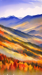 Watercolor mountain autumn landscape with snowy peaks. Panorama. Generative AI.