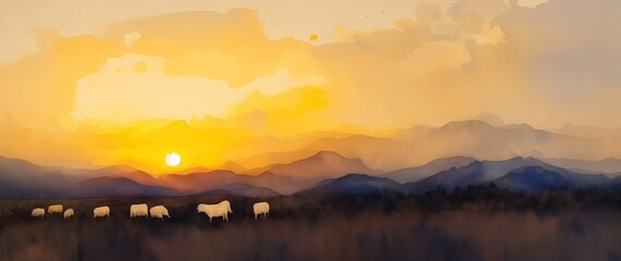 Watercolor mountain autumn pasture landscape with sheep. Panorama. Generative AI.