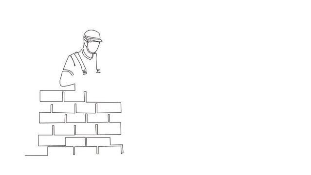 Animated self drawing of continuous line draw repairman building brick wall. Construction worker in uniform, helmet doing work. Builder concept. Repair work services. Full length single line animation