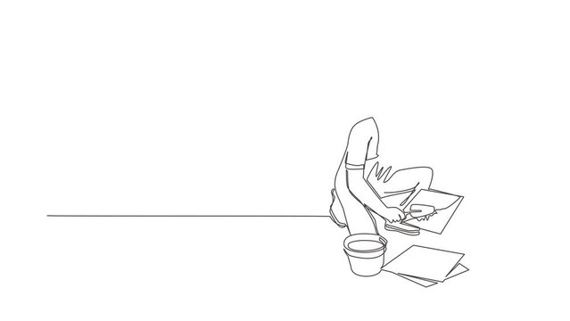 Self drawing animation of single one line draw repair worker laying ceramic wall tile. Professional tiler in uniform working. Repairman in overalls tiling. Continuous line draw. Full length animated