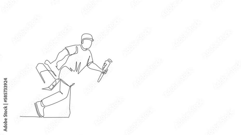Poster animated self drawing of continuous line draw mechanic repairman worker with tools is running. techn