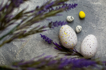Easter decoration with eggs and lavender .