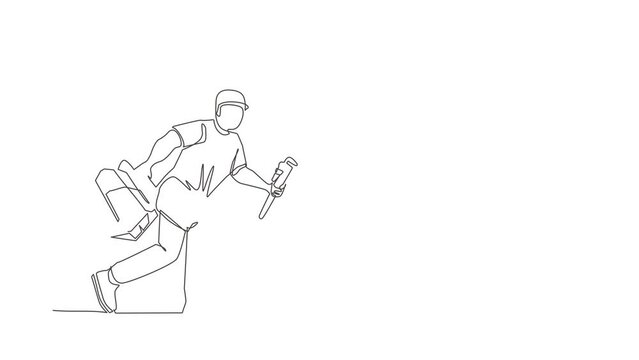 Animated self drawing of continuous line draw mechanic repairman worker with tools is running. Technical service. Plumber with monkey wrench and toolbox run forward. Full length single line animation