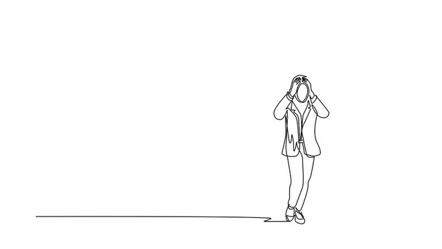 Animated self drawing of continuous line draw Arab businesswoman standing confused in front of huge brick wall barriers. Scene for wrong decision, mistake, deadlock. Full length one line animation