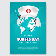 World Nurses Day May 12th flyer design with hat stethoscope and globe illustration on blue background