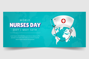 World Nurses Day May 12th horizontal banner with hat stethoscope and globe illustration on blue background